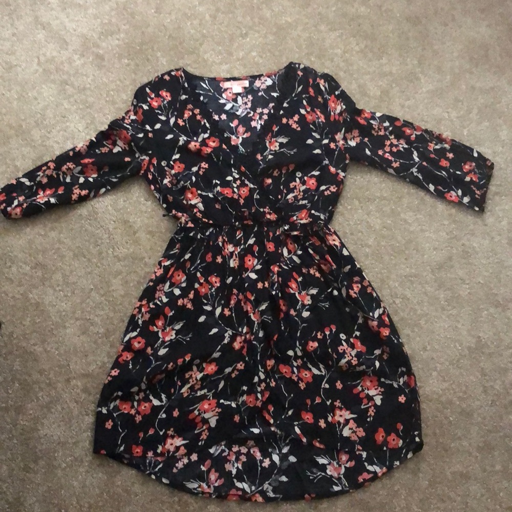 Black Floral Pattern Dress CINCHED WAIST & POCKETS